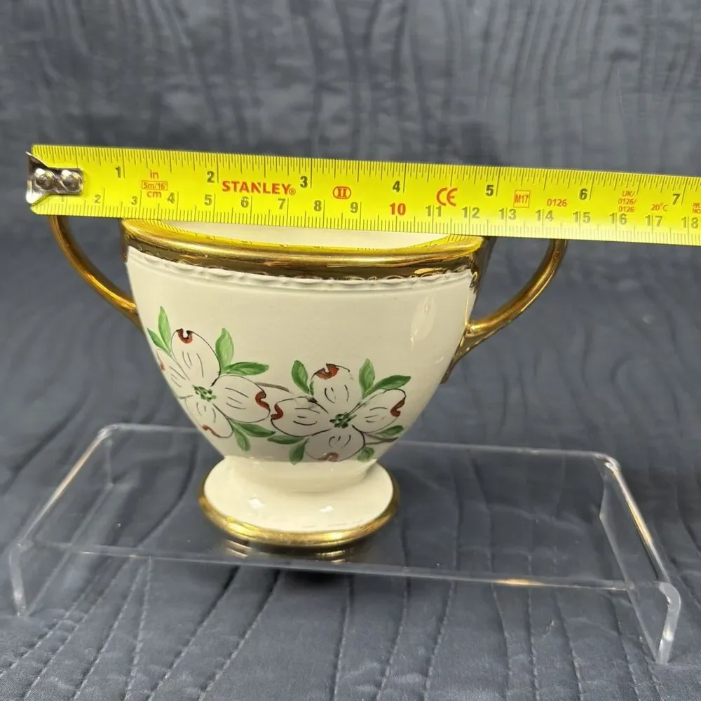 Vintage Porcelain Covered Sugar Bowl Dogwood Flowers Gold Trim Handles Lid